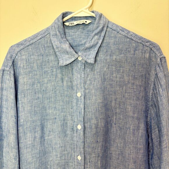 Zara 100% Linen Shirt Men M Casual Button Up Striped Blue Beachy Preppy Coastal - Picture 2 of 8